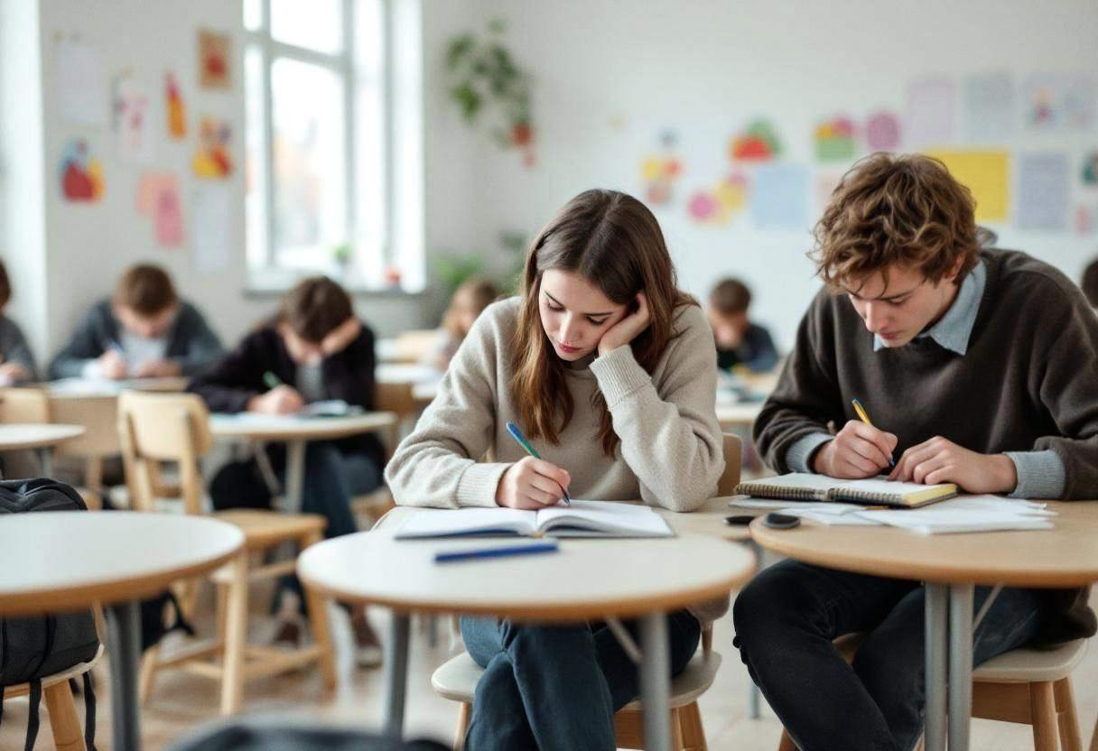 Lanky fourteen to seventeen-year-olds in wool sweaters and dark jeans hunched over notebooks during creative writing ses