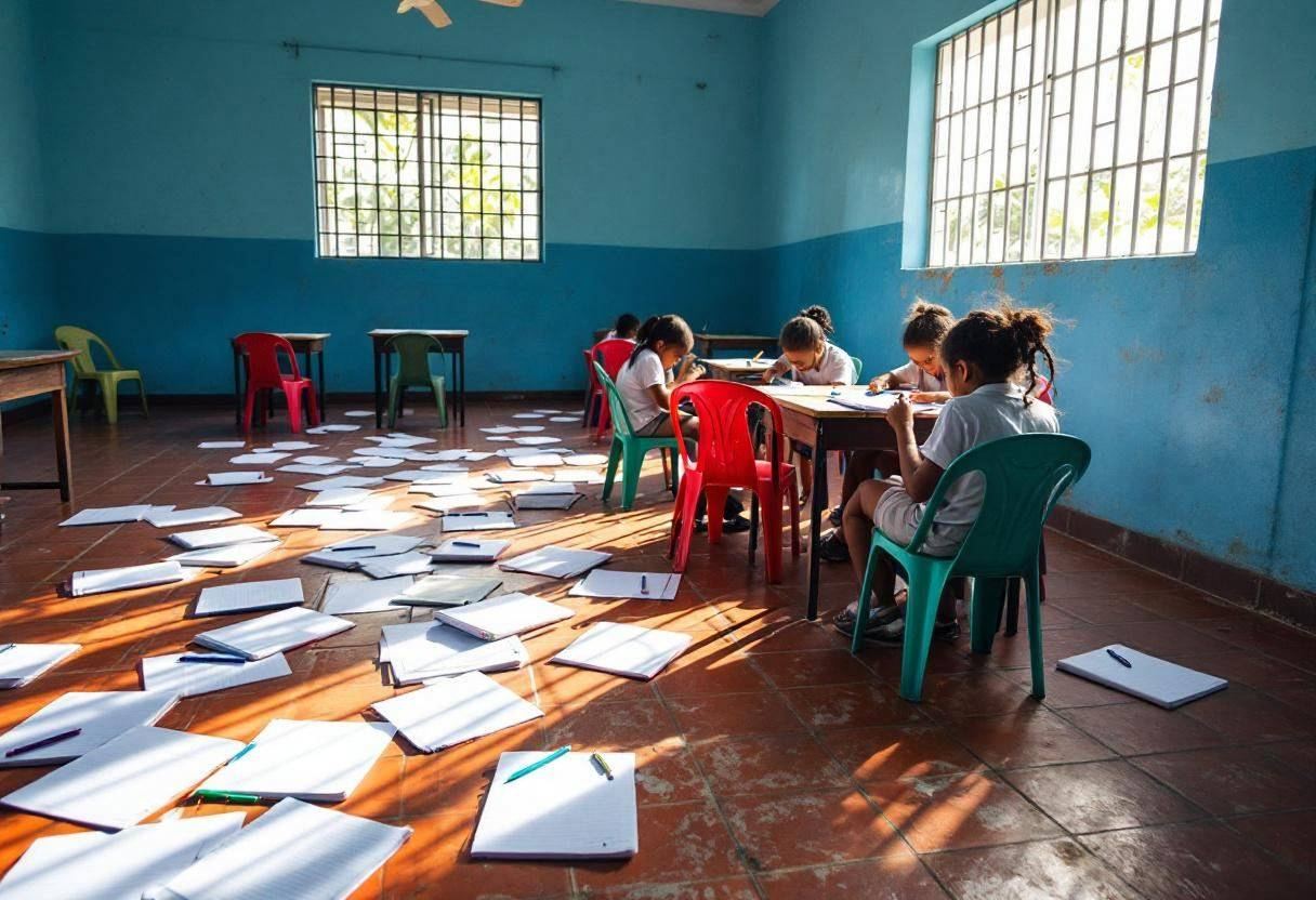 Creative writing notebooks and pens scattered across worn terracotta tile floor in a Dominican Republic classroom with b