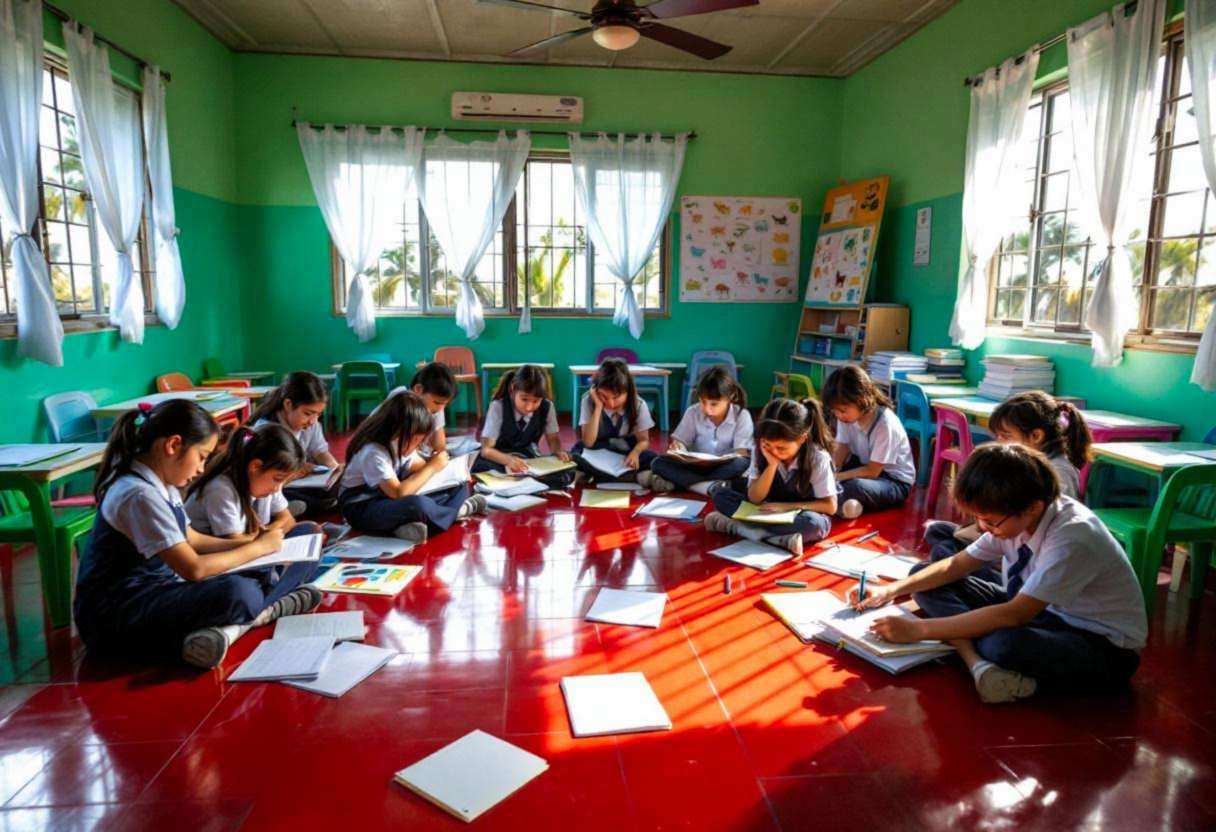 Creative writing notebooks and pens scattered across a shiny red ceramic-tile floor in a bright jade-green painted concr
