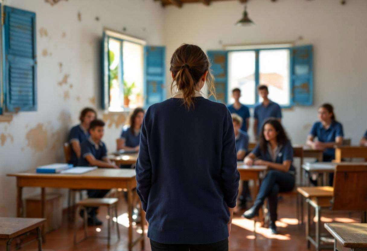A Portuguese teacher in a navy cardigan and cream blouse seen from behind leading lanky teenagers ages 14 to 17 in blue 