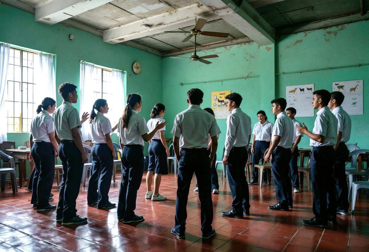 Lanky teenagers ages 14 to 17 in white button-down uniform shirts and navy trousers performing dramatic scenes about hea