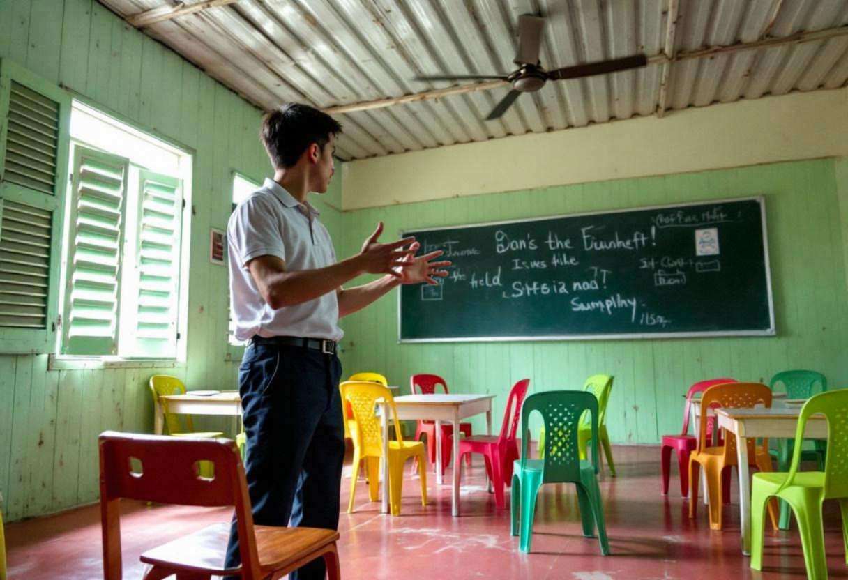 One lanky sixteen-year-old in a white polo shirt and dark trousers gesturing expressively mid-improvisation scene in a F