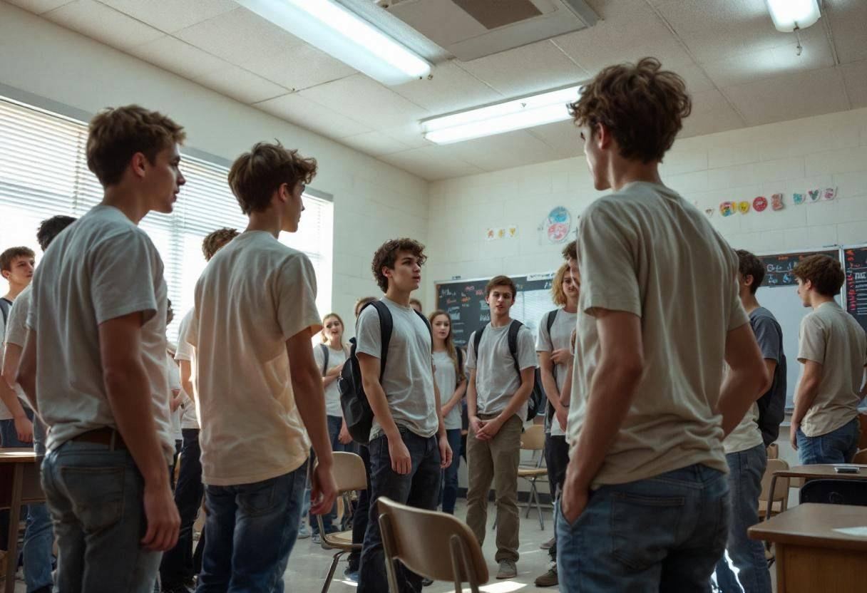 Lanky teenagers ages 14 to 17 in casual t-shirts and jeans standing and gesturing mid-drama exercise