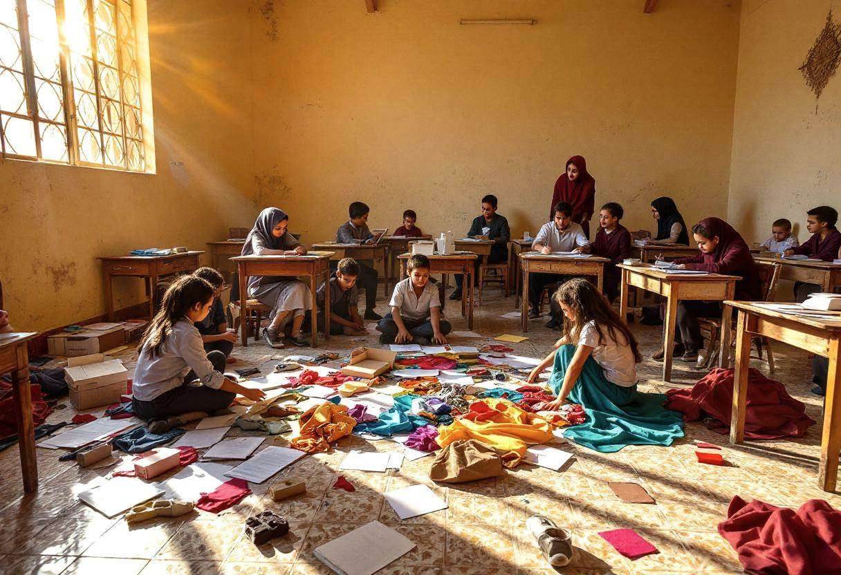 Drama scripts and props scattered on patterned ceramic tiles in a Moroccan village classroom