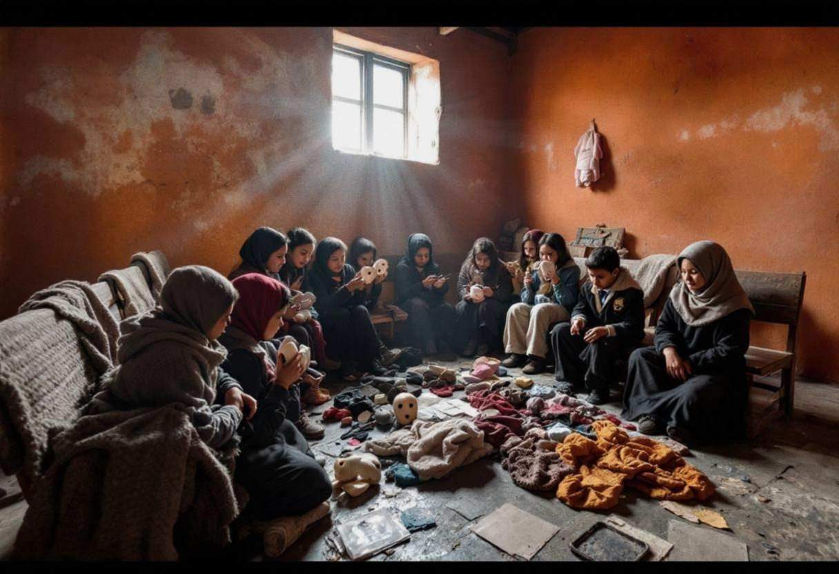 Drama improvisation props scattered on scuffed concrete floor in Peruvian highland classroom with warm ochre painted ado