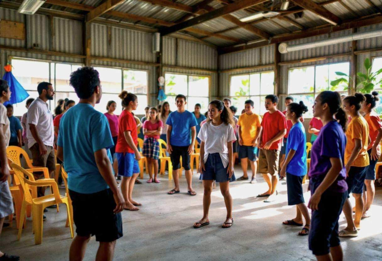 Lanky fourteen to seventeen-year-old high school students in colorful cotton t-shirts and casual trousers learning tradi