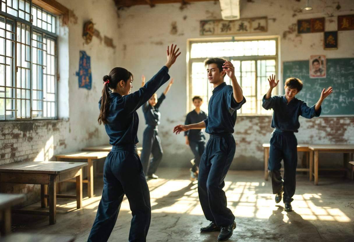 Lanky teenagers ages 14 to 17 in dark blue uniform shirts and navy trousers practicing traditional folk dance movements
