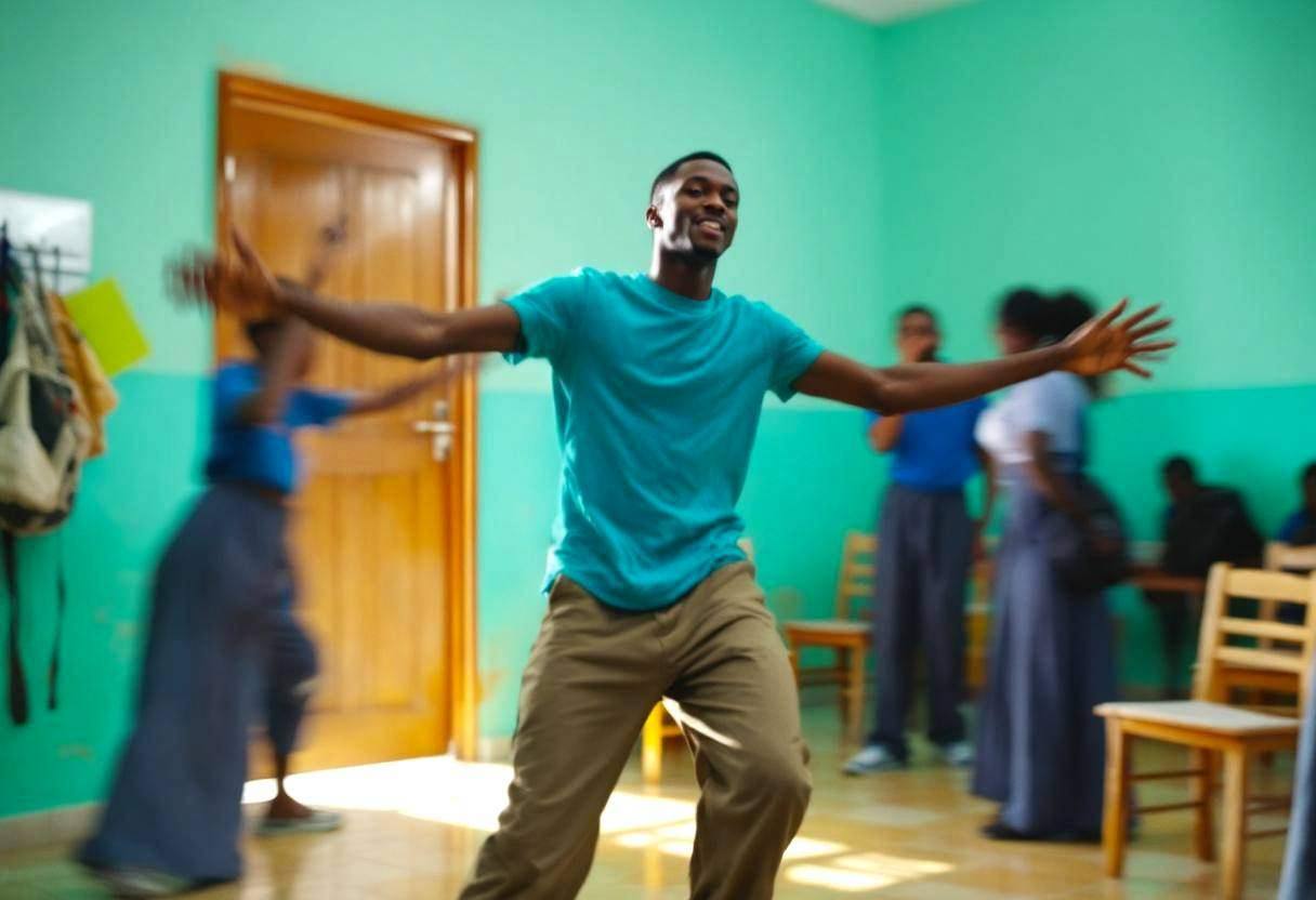 One lanky sixteen-year-old in a bright cotton t-shirt and long khaki trousers practicing traditional folk dance movement