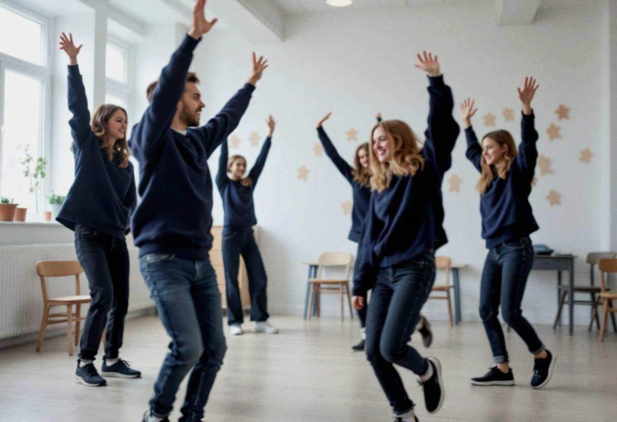 Lanky teenagers ages 14 to 17 in navy sweaters and dark jeans practicing traditional folk dance movements