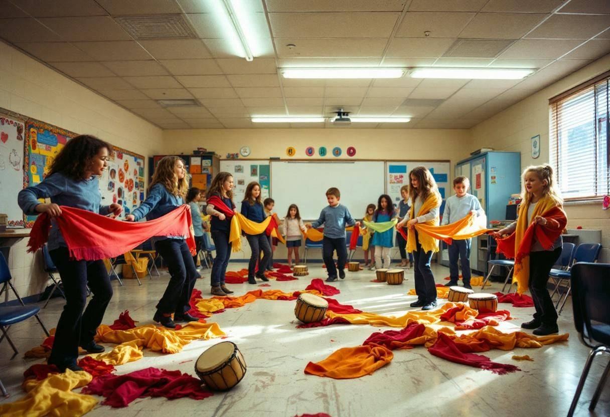 Folk dance scarves and small drums scattered across scuffed vinyl tile floor in modest US public school classroom with o