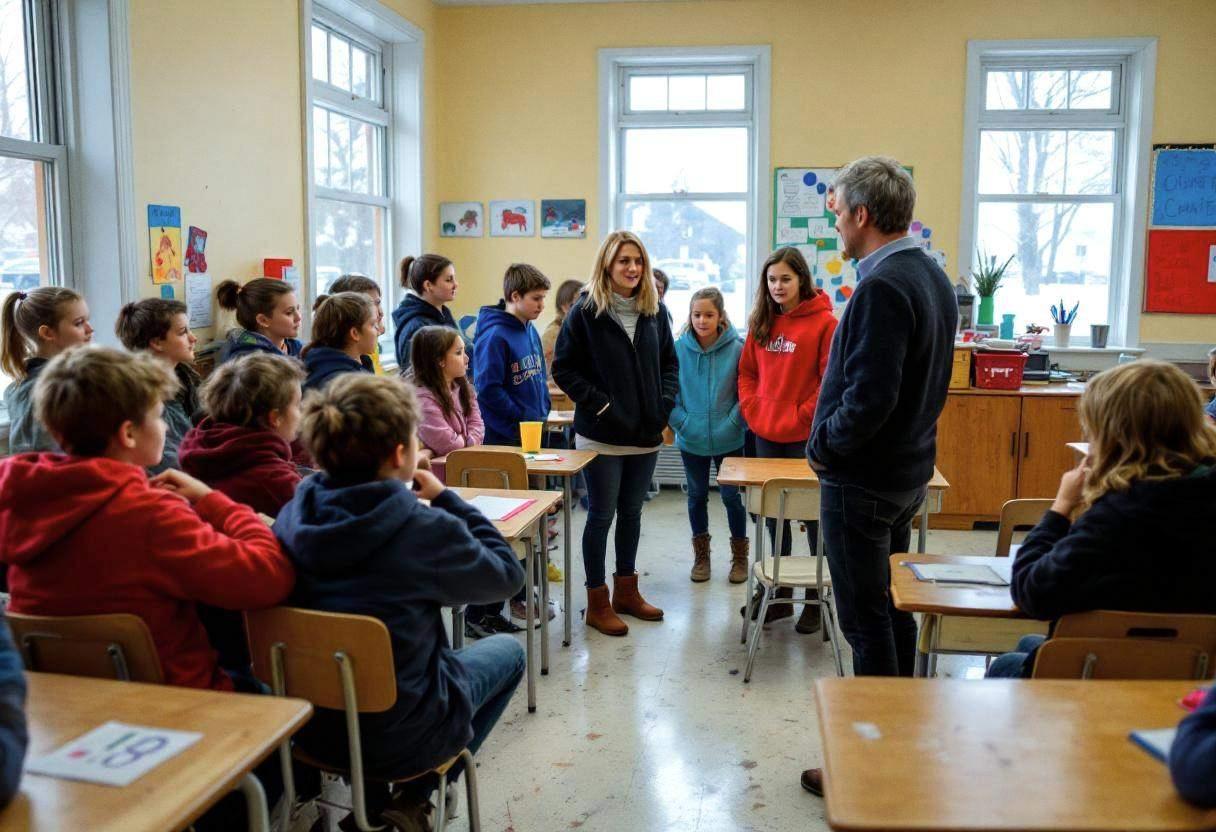 Middle school preteens ages 10-13 in colorful hoodies and jeans gathered around their teacher in a dark wool sweater lea