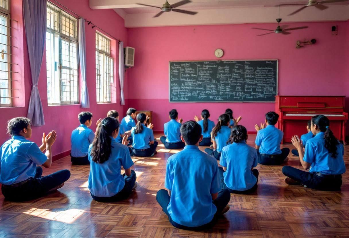 Twelve middle-school preteens ages 10 to 13 in blue button-down uniform shirts and navy trousers sitting cross-legged on
