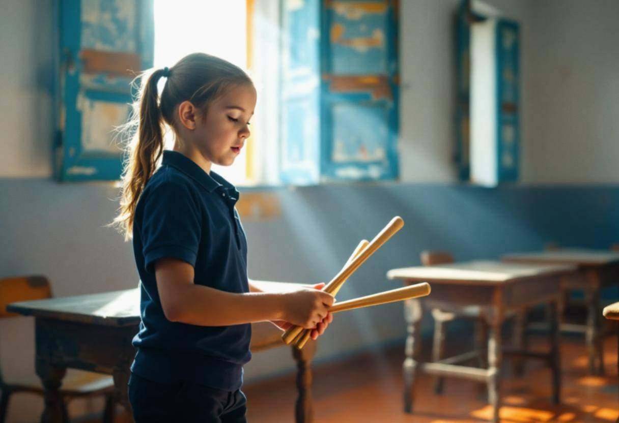 A preteen girl around age 11 in a navy blue school polo shirt and dark trousers playing wooden rhythm sticks mid-beat in