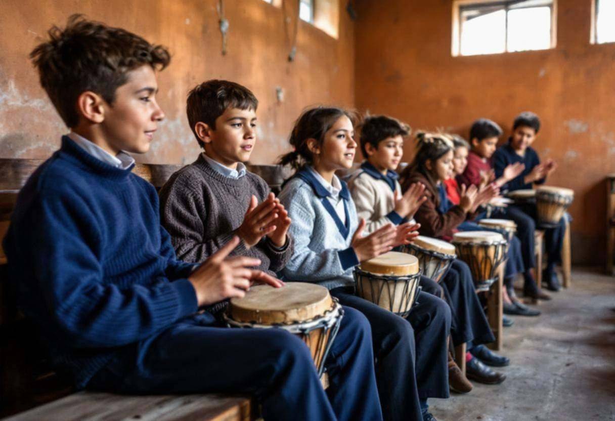 Preteen students ages 10-13 in knit wool sweaters and navy trousers sitting on wooden benches playing simple percussion 