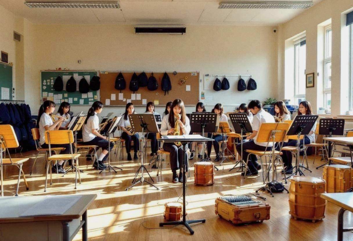 Music stands and hand-carved wooden rhythm instruments scattered across light wood flooring in a Japanese public school 