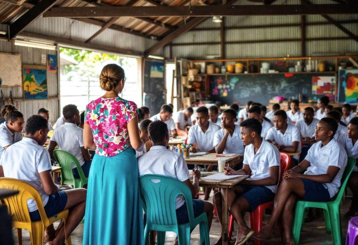 Female teacher in bright floral cotton blouse and long blue skirt seen from behind