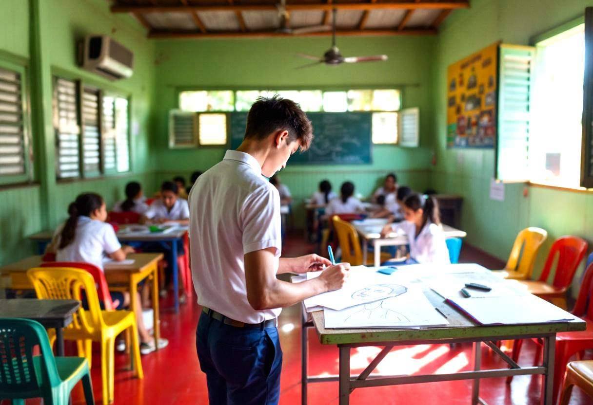A lanky sixteen-year-old in a white polo shirt and navy trousers sketching a self-portrait on paper