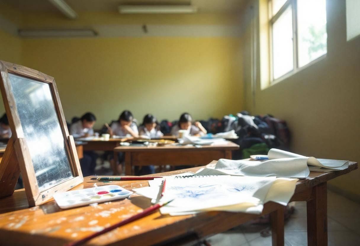 Art supplies scattered across wooden desk surface in Vietnamese urban classroom with cream-yellow painted walls