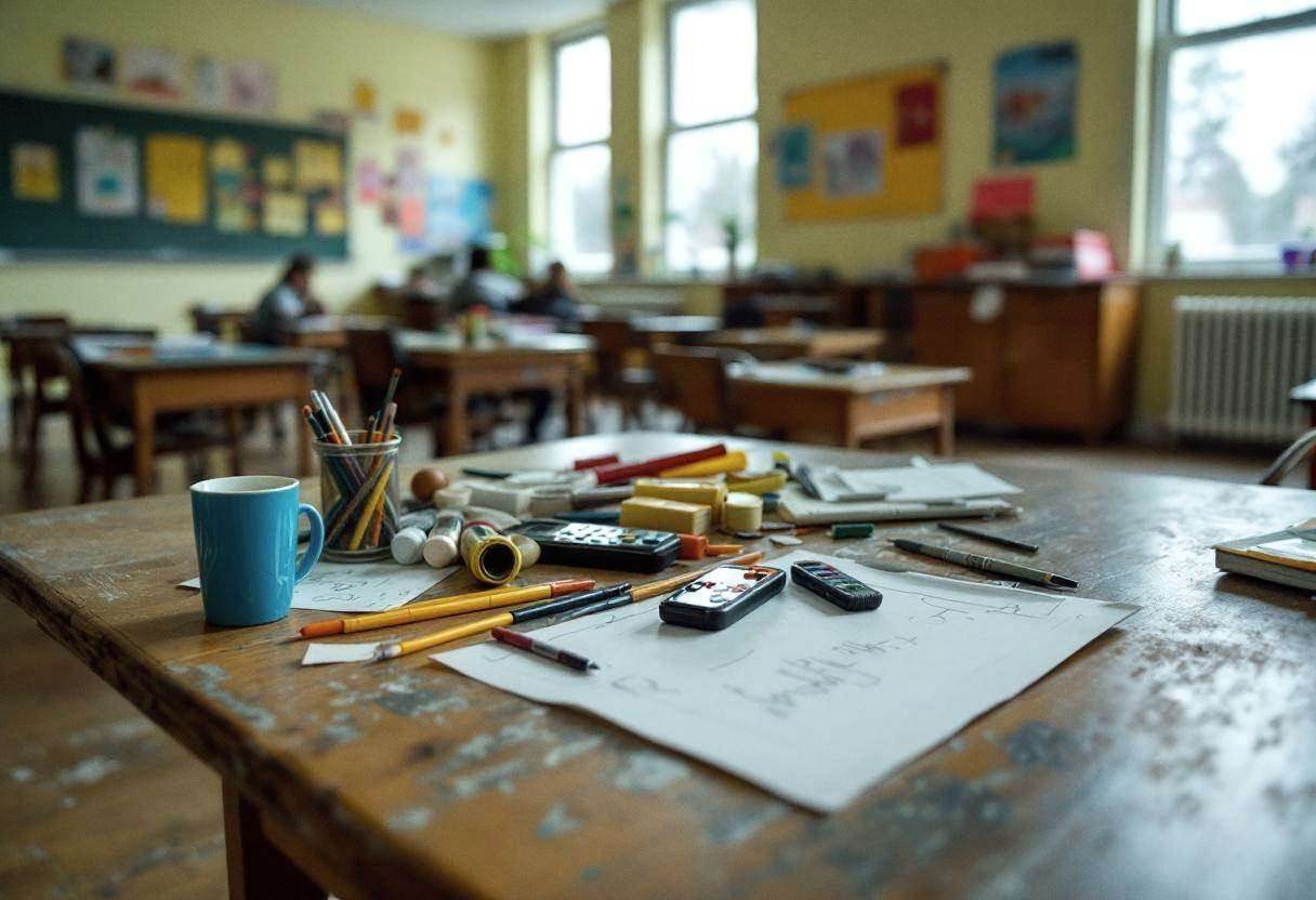 Art supplies scattered across a wooden desk surface in a small-town Canadian high school classroom with pale yellow pain