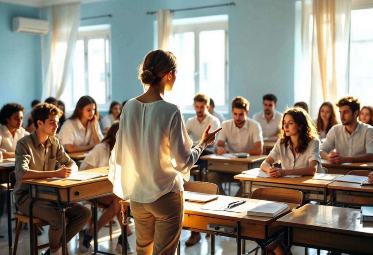 A Greek music teacher in a flowing white blouse from behind gesturing to lanky teenagers ages 14 to 17 in casual button-