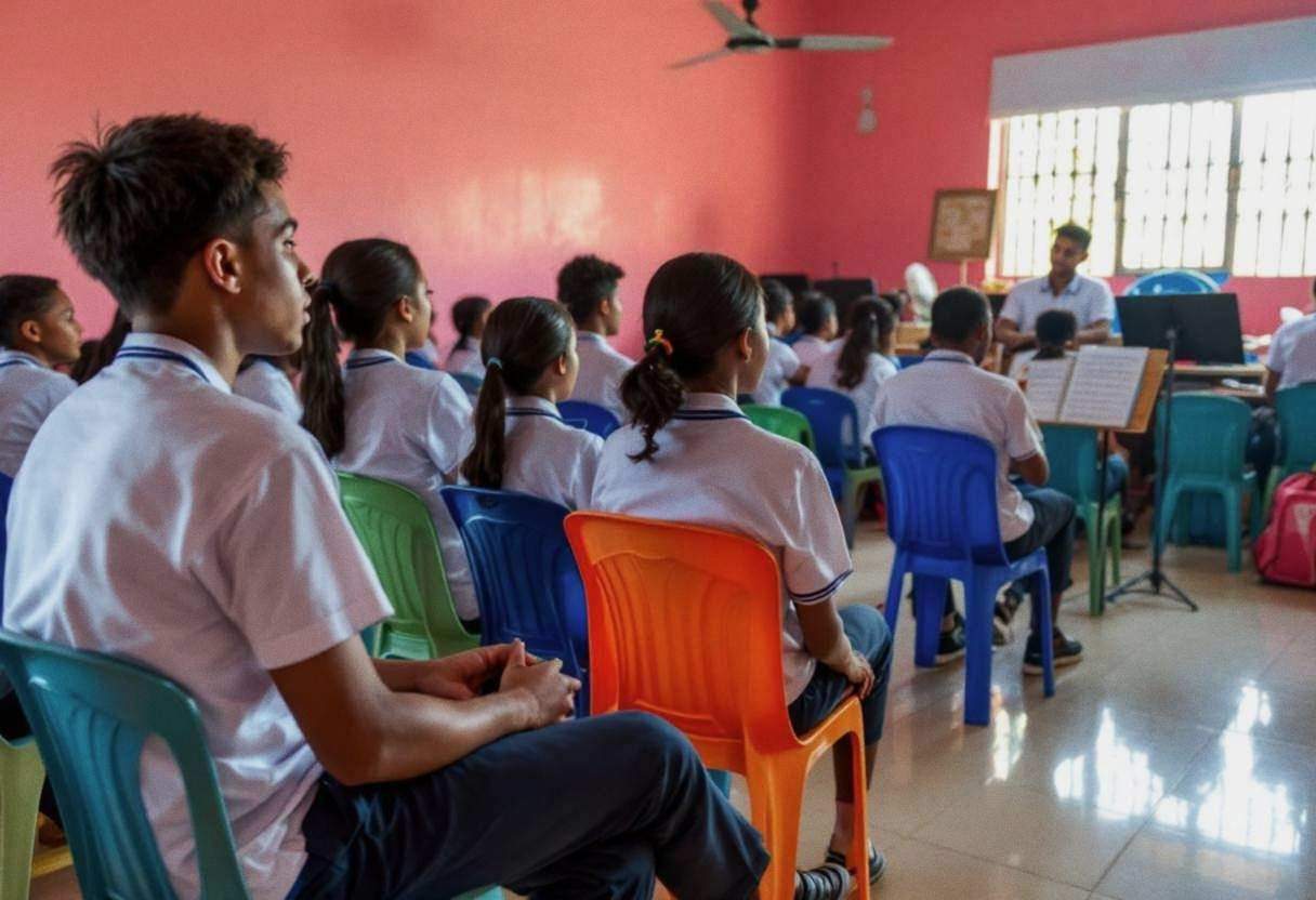 Lanky teenagers ages 14 to 17 in white polo shirts and dark trousers sitting in blue and green plastic chairs