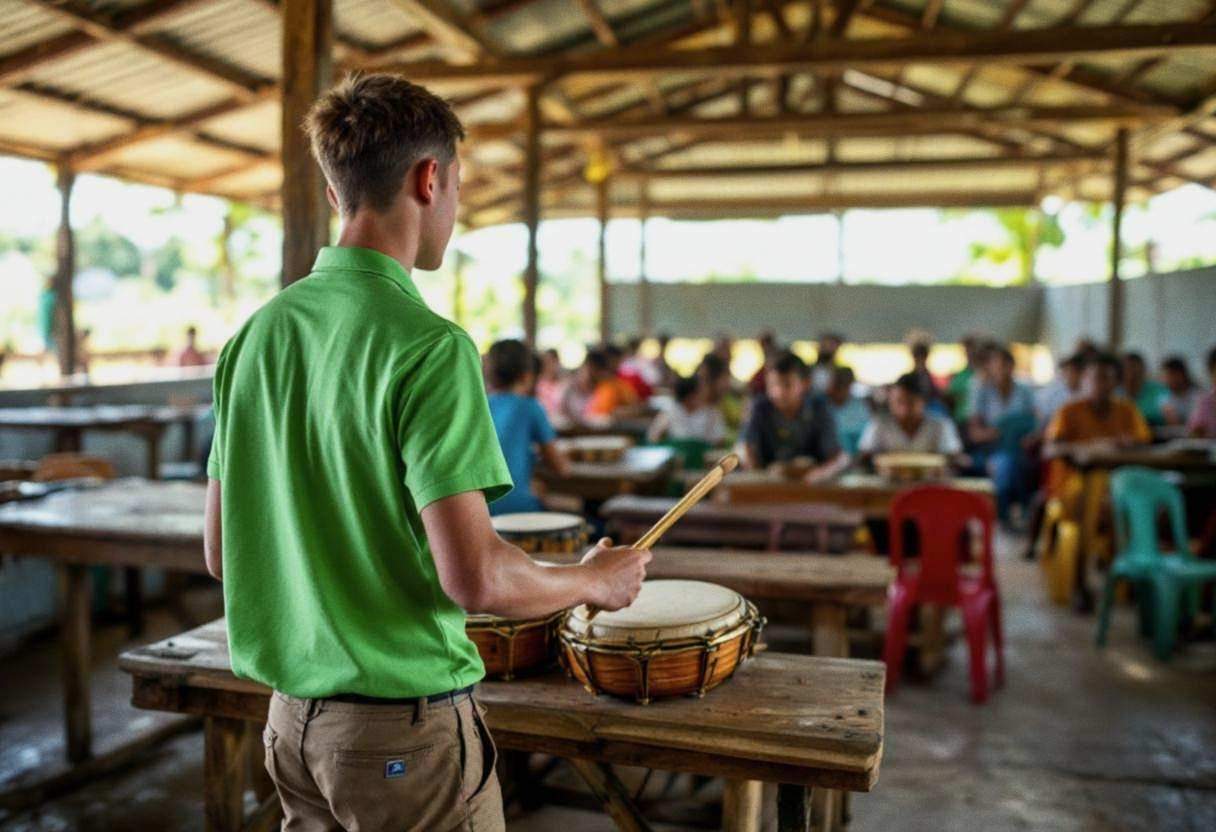 One lanky sixteen-year-old in a bright cotton polo shirt and khaki trousers playing wooden percussion instruments