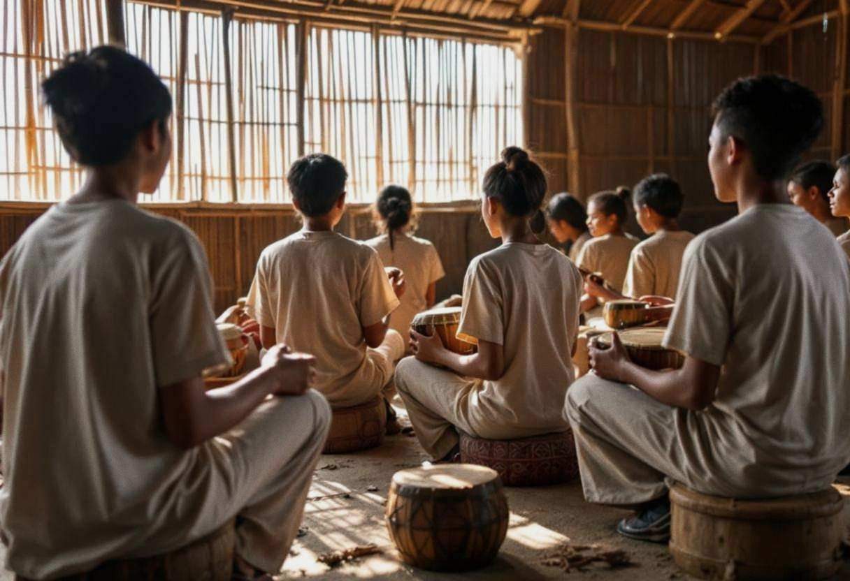 Lanky teenagers ages 14 to 17 in simple cotton t-shirts and long trousers sitting on low wooden stools