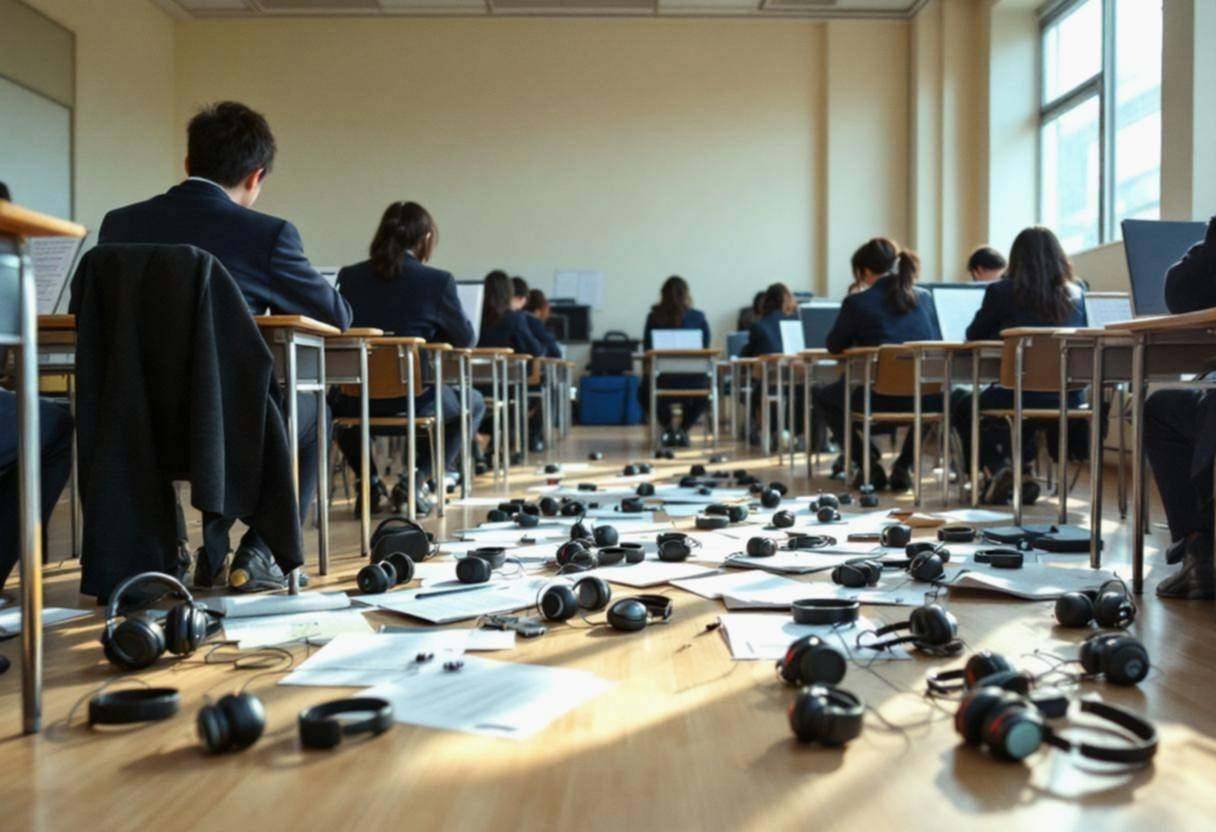 Music sheets and headphones scattered across light wood classroom floor beside metal-and-wood desks in Japanese public s