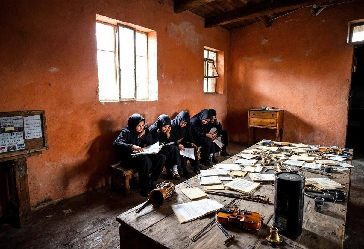Musical instruments and sheet music scattered across a wooden bench in a Peruvian highland schoolroom with warm ochre ad