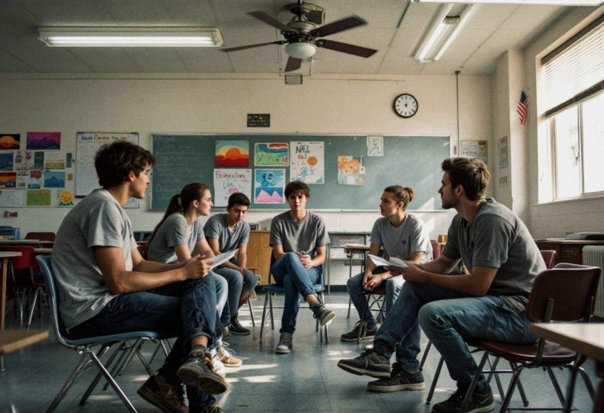 Lanky teenagers ages 14 to 17 in casual t-shirts and jeans seated around their English teacher in a gray polo shirt