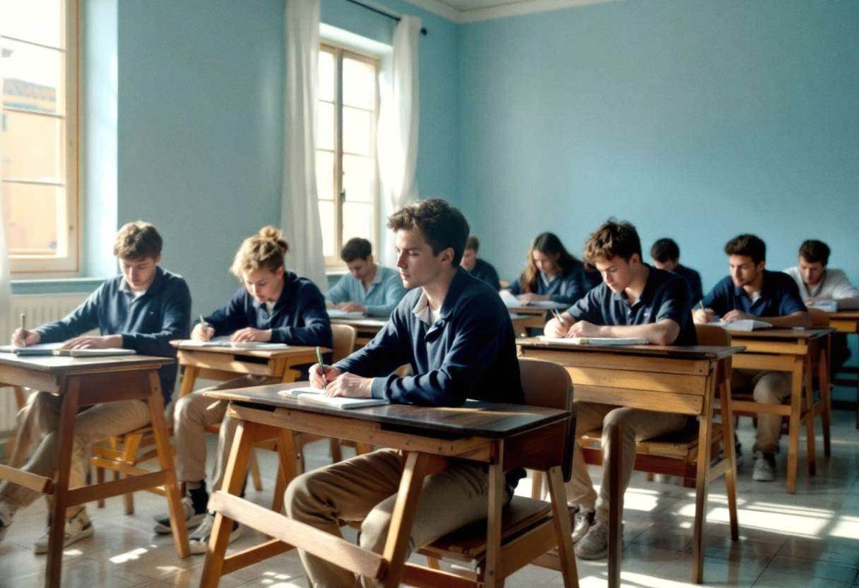 Lanky teenagers ages 14 to 17 in navy polo shirts and khaki trousers sitting at wooden desks