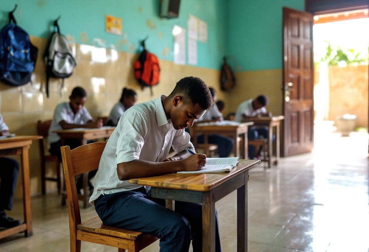 One lanky sixteen-year-old in a white button-down shirt and navy trousers sits hunched over a notebook