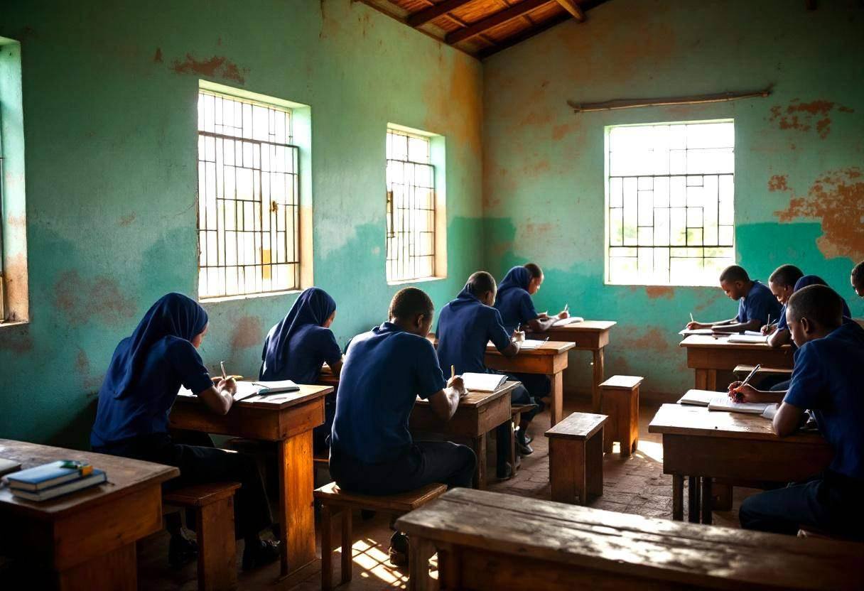 Lanky fourteen to seventeen-year-old high school students in navy blue uniform shirts and dark trousers seated on wooden
