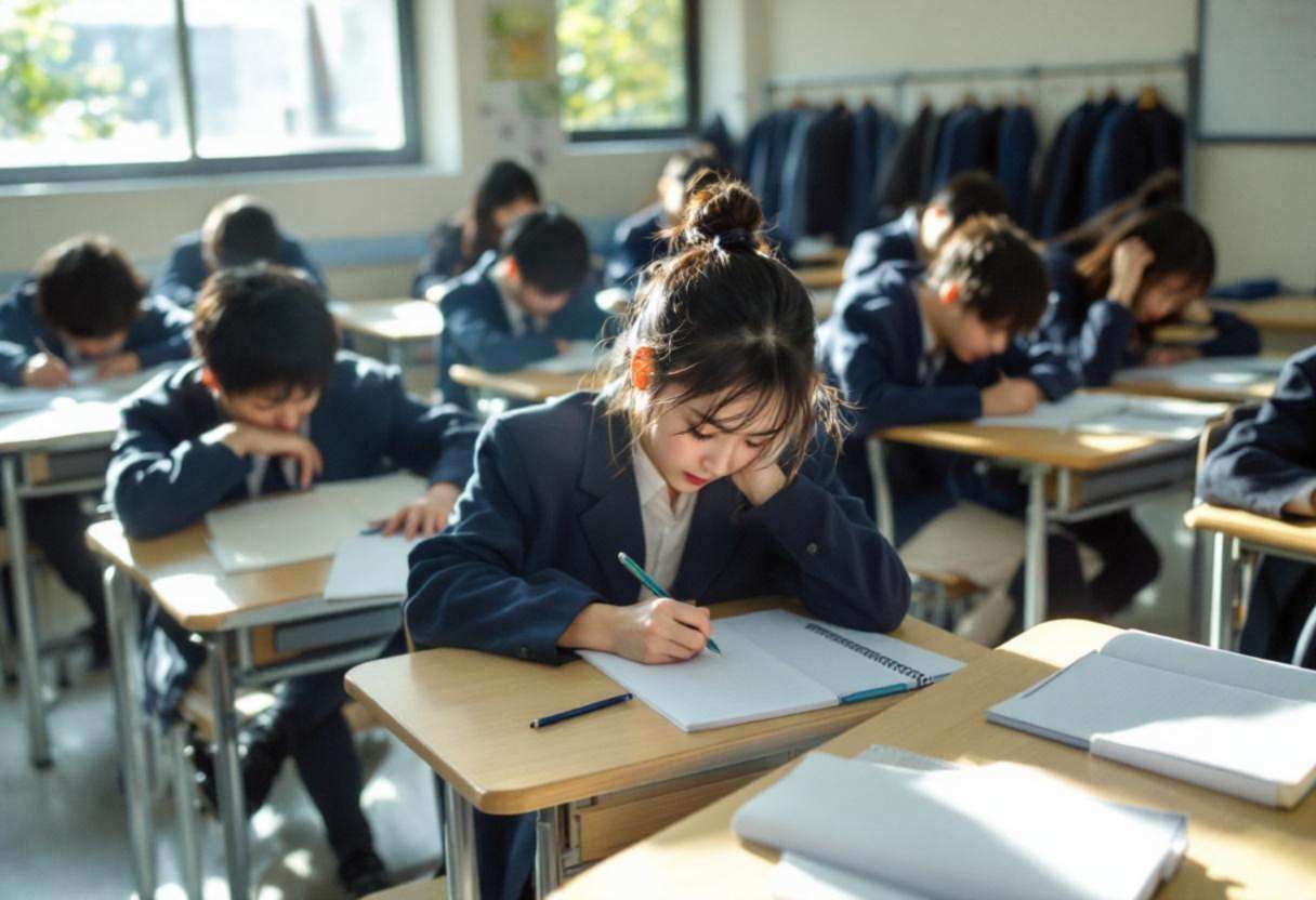 Creative writing notebooks and pens scattered across light wooden desks in a Japanese public-school classroom with pale 
