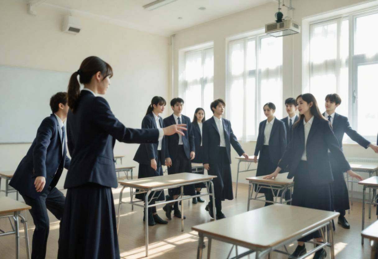 A Japanese teacher in a dark blazer and midi skirt leading lanky fourteen to seventeen-year-olds in navy blazers and whi