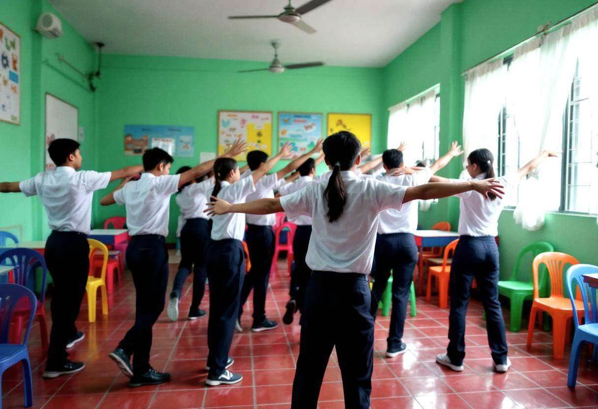 Lanky teenagers ages 14 to 17 in white button-down school shirts and navy trousers participating in a movement activity