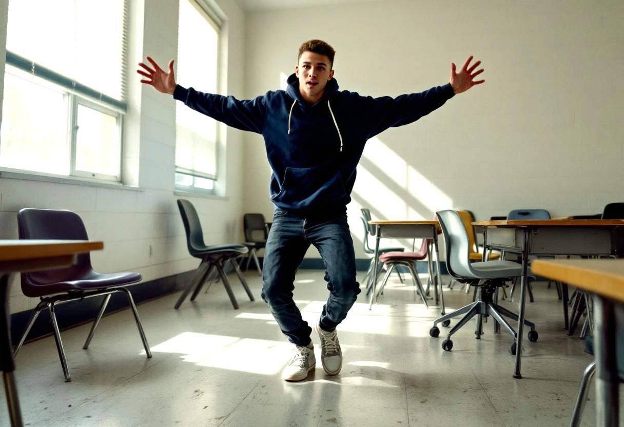 One lanky sixteen-year-old in a navy hoodie and dark jeans mid-dance movement