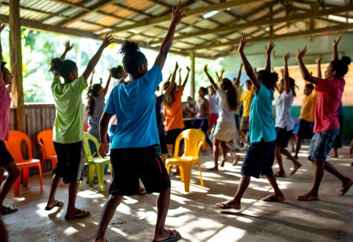 Lanky teenagers ages 14 to 17 in colorful cotton t-shirts and long shorts participating in a collaborative dance movemen