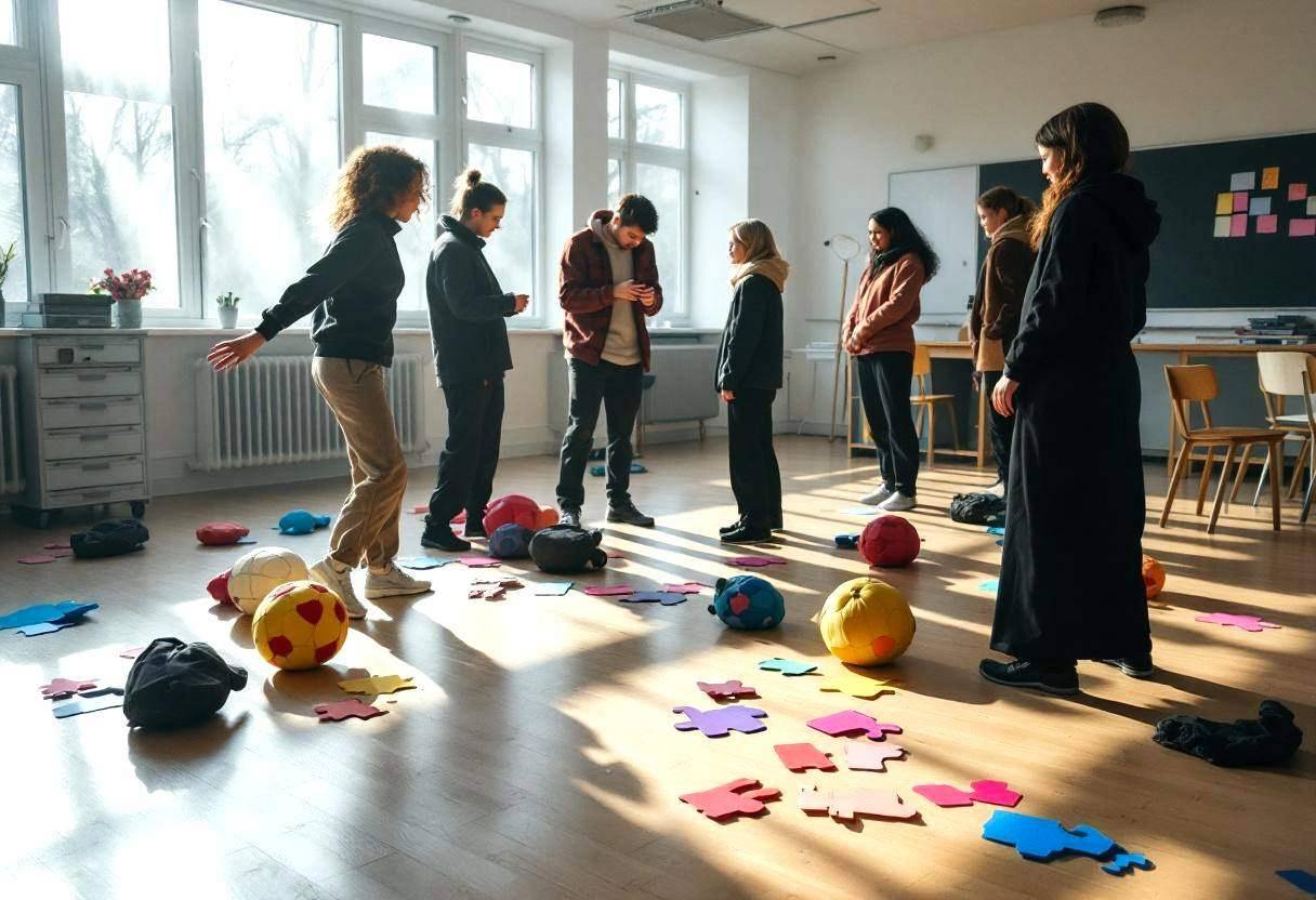 Dance movement props scattered across pale birch classroom flooring in a Scandinavian high school