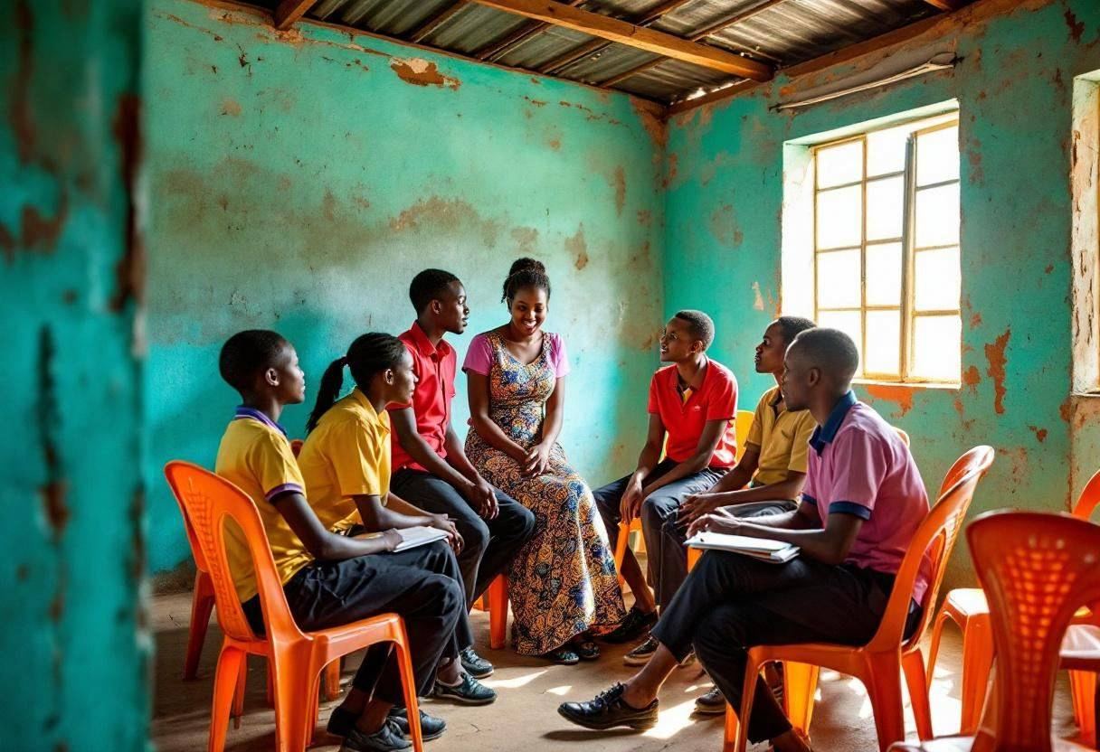 Lanky teenagers ages 14 to 17 in colorful uniform shirts and dark trousers gathered around their teacher in a traditiona