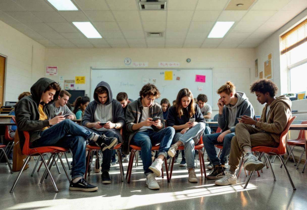 Lanky teenagers ages 14 to 17 in casual jeans and hoodies clustered around plastic chairs
