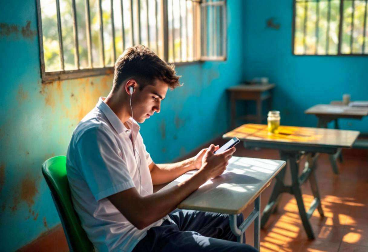 One lanky sixteen-year-old in a white polo shirt and dark trousers sitting at an angle while scrolling through music on 