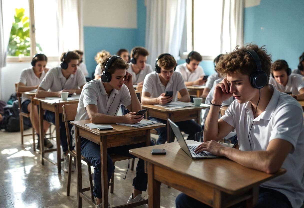 Lanky teenagers ages 14 to 17 in white polo shirts and navy trousers sitting at wooden desks with headphones and phones