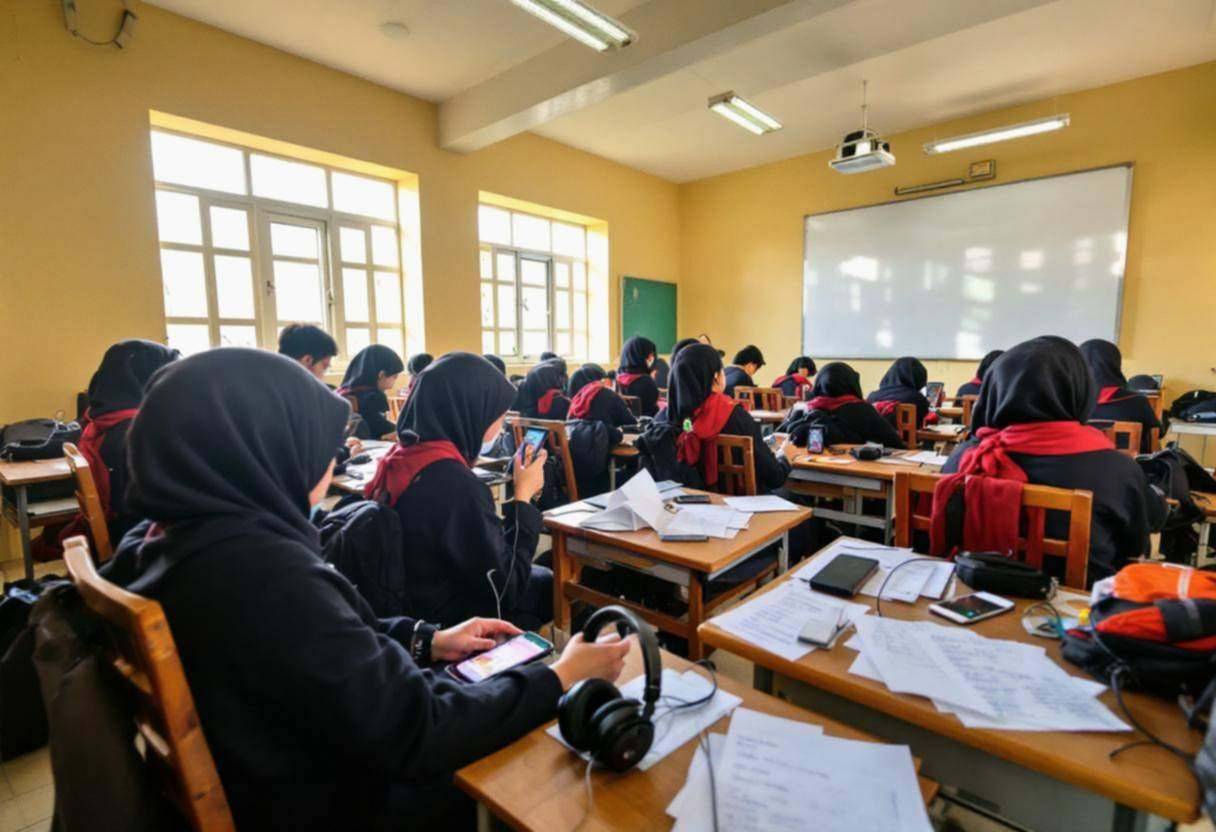 Music equipment and playlist materials scattered across wooden desk surfaces in a Vietnamese urban classroom with cream-
