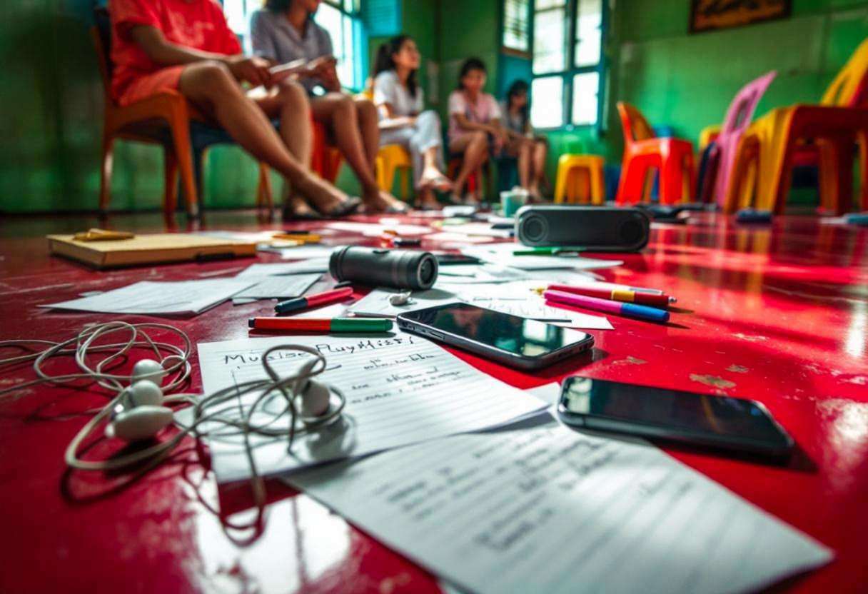 Music curation materials scattered across a red concrete classroom floor: smartphones with earbuds tangled around them