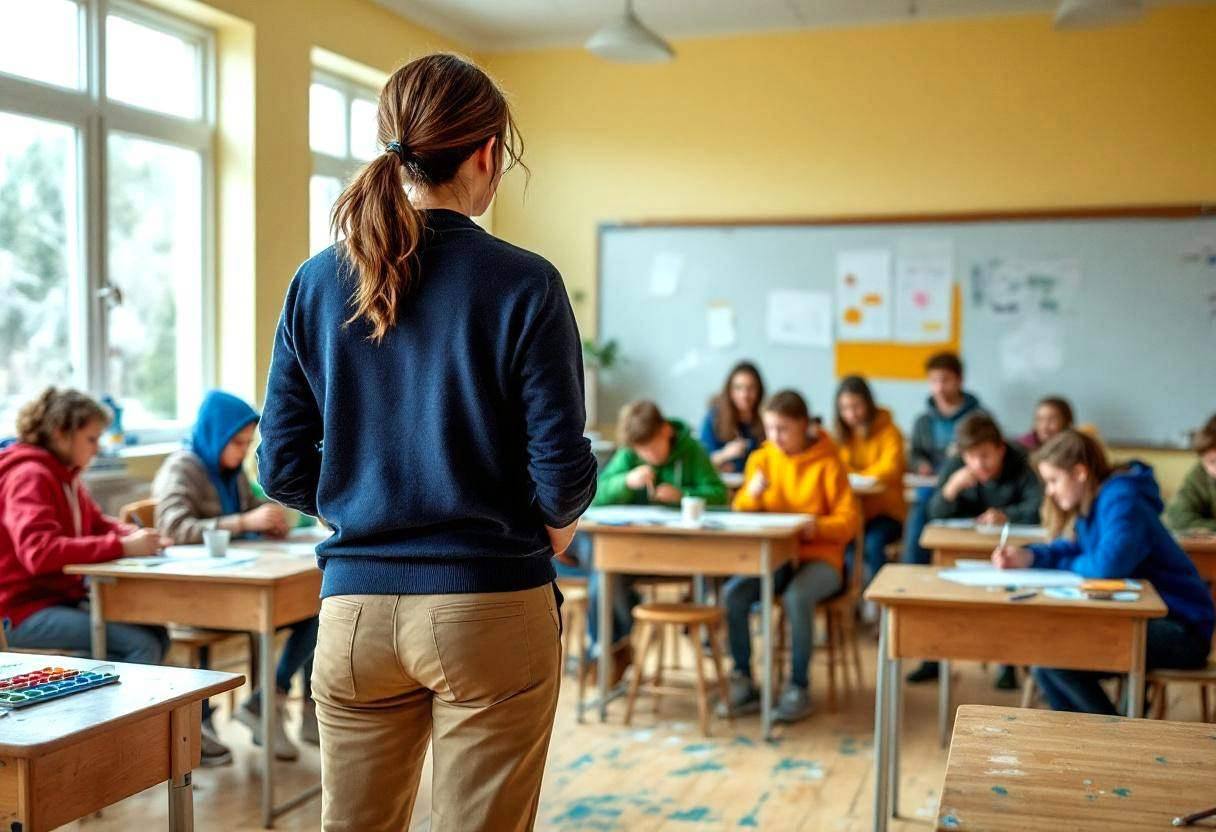 A female teacher in a navy cardigan and khaki trousers seen from behind