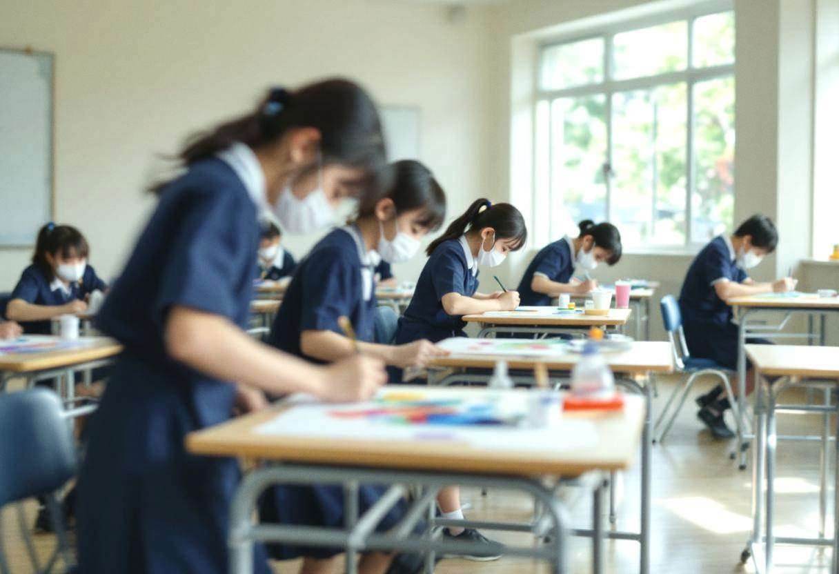Preteens ages 10 to 13 in navy-and-white school uniforms painting at their desks