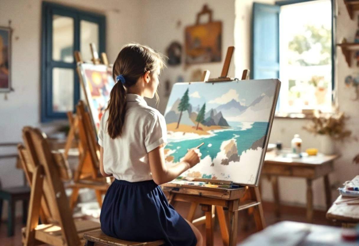 One preteen girl around age 11 in a white cotton blouse and navy skirt painting at an easel