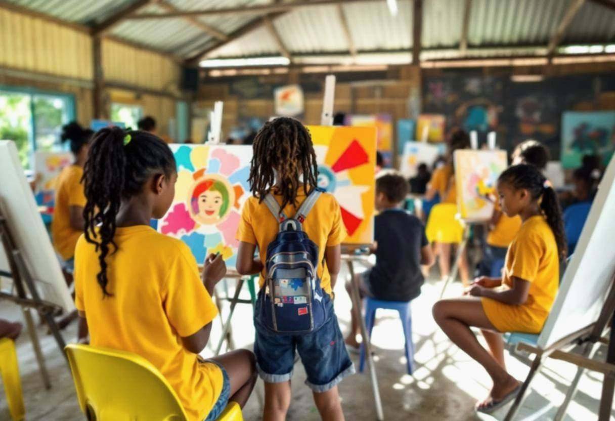 Round-faced preteens ages 10 to 13 in bright cotton t-shirts and shorts painting at easels