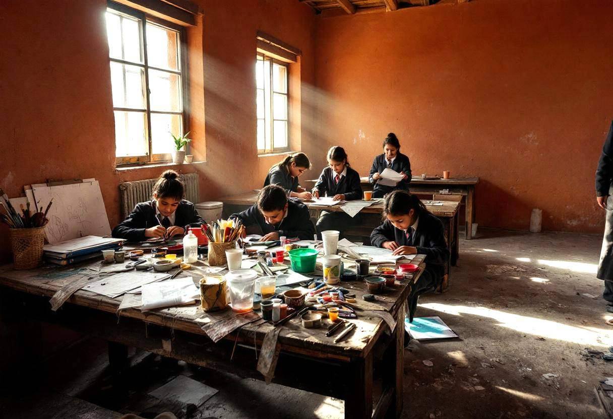 Art supplies scattered on a worn wooden bench in a Peruvian highland schoolroom with warm ochre adobe walls